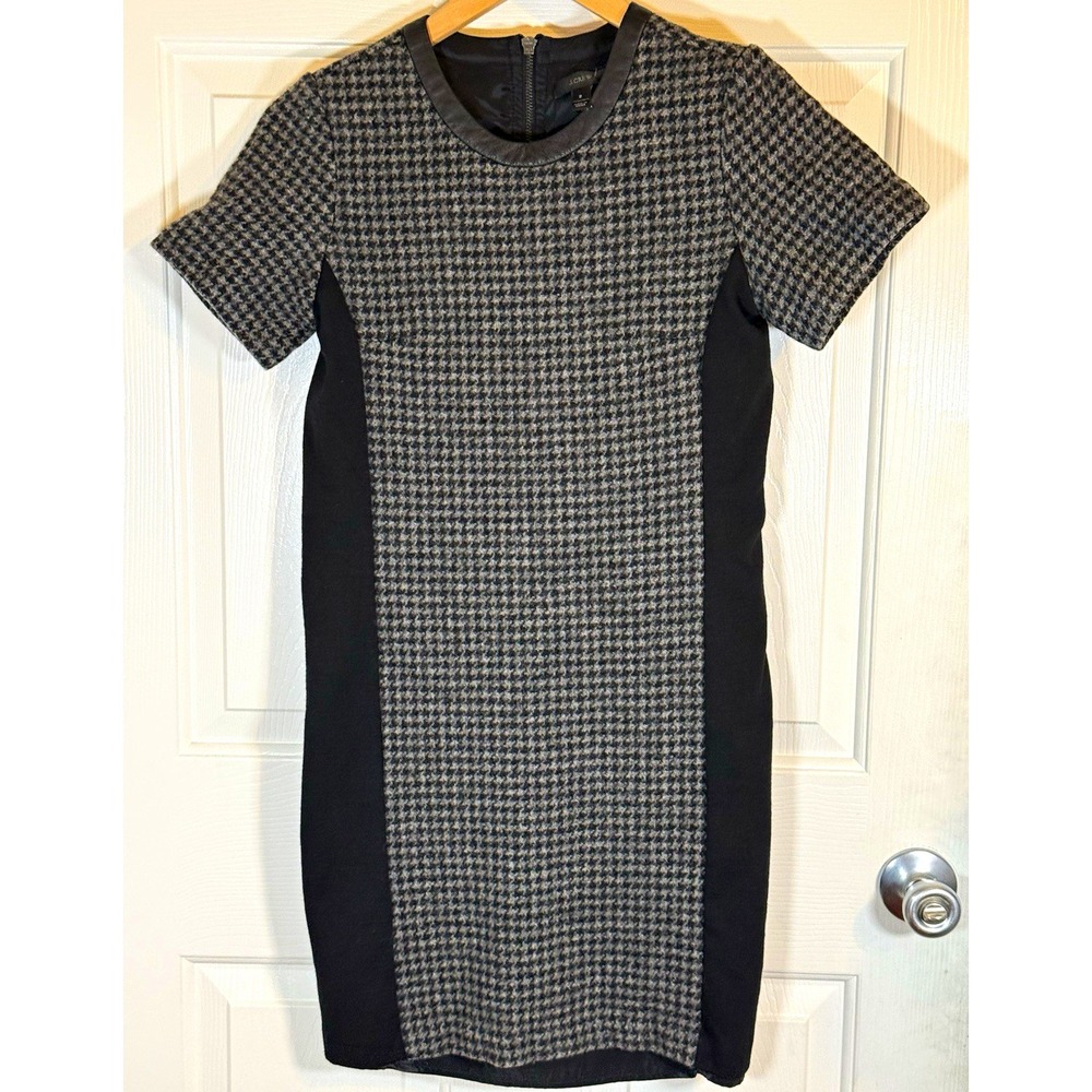 J.CREW Preppy Black Gray Houndstooth  100% wool  Sheath Dress 2  Lined Zip